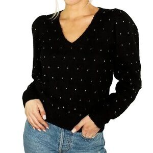 ASTR The Label Black V-neck Embellished Black Jewel Sweater Size L